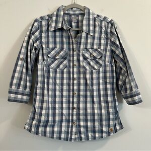 Women’s Carhartt blue plaid quarter sleeve button up shirt size small S